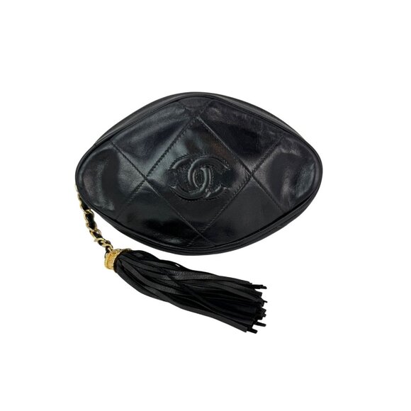 Chanel Lambskin Diamond Quilted CC Tassel Black Clutch Bag - Picture 1 of 16